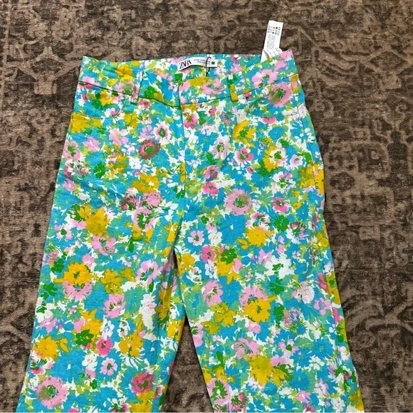 Women's Zara Floral Printed Linen Blend‎ Flare Trousers  Size 4 New with Tags - Picture 7 of 14